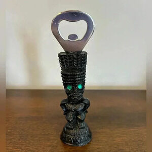 KU God of Power Bottle Can Opener Black Green Eyes CoCo Joes Hawaii Bar Vintage